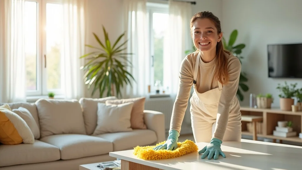 Professional cleaner providing house cleaning services in a modern tidy living room